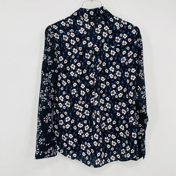 Express Size Small Black & Blue Floral Long Sleeve Button Down Career Blouse Top - Picture 9 of 9